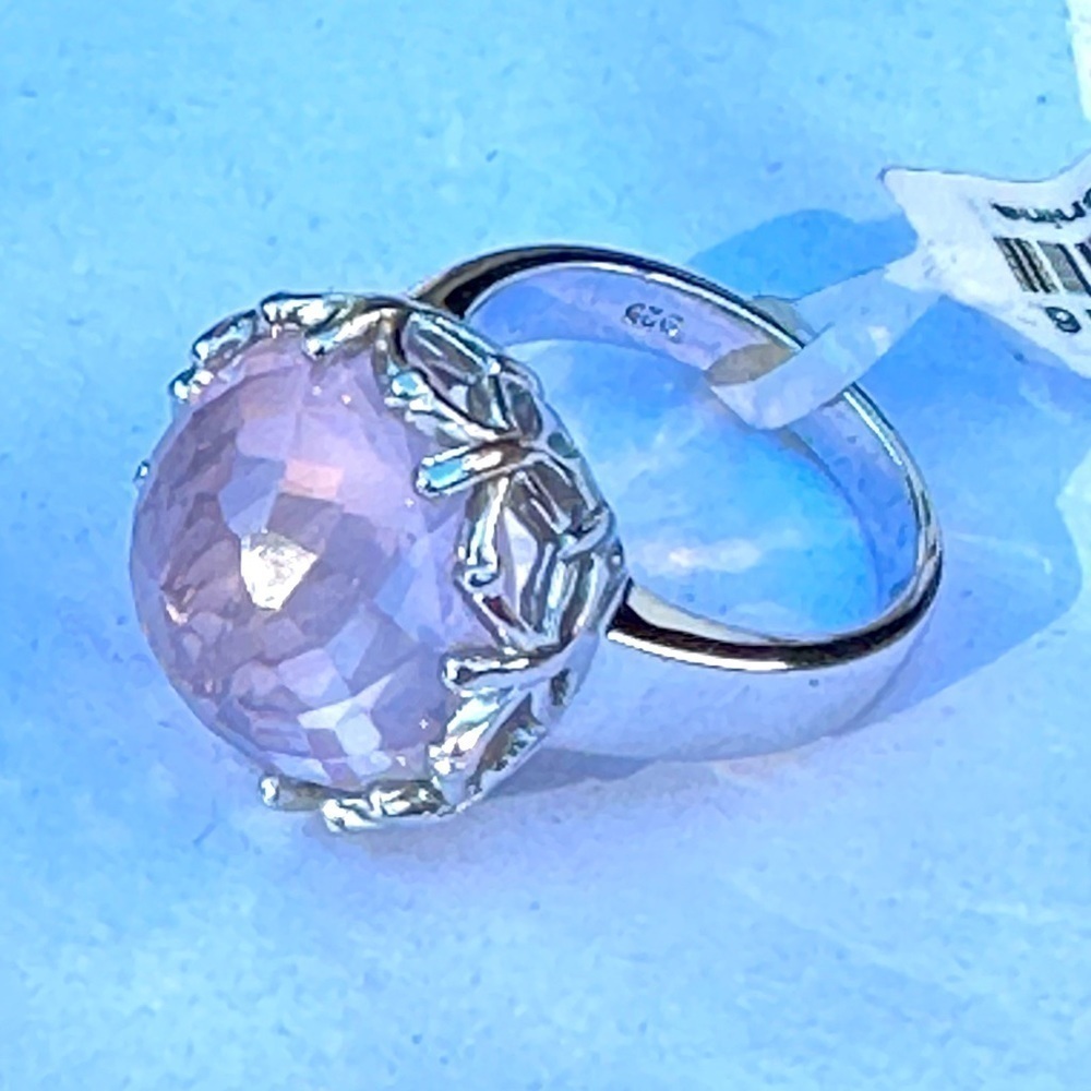 Solid .925 Sterling Silver, Giant 15ct Natural Pink Quartz Cocktail Ring NWT